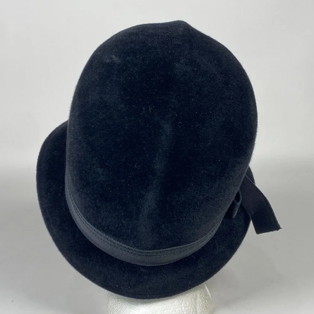 Vintage Peachbloom Velour Merrimac Fur Felt Black Cloche Hat Ribbon Accent